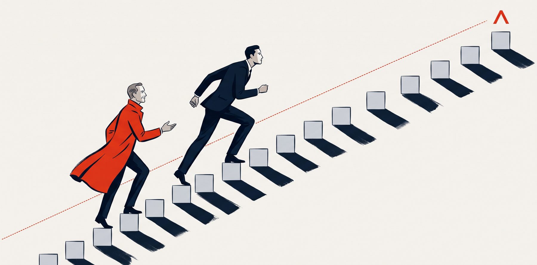 Un dirigeant monte un escalier de douze marches, accompagné pas à pas