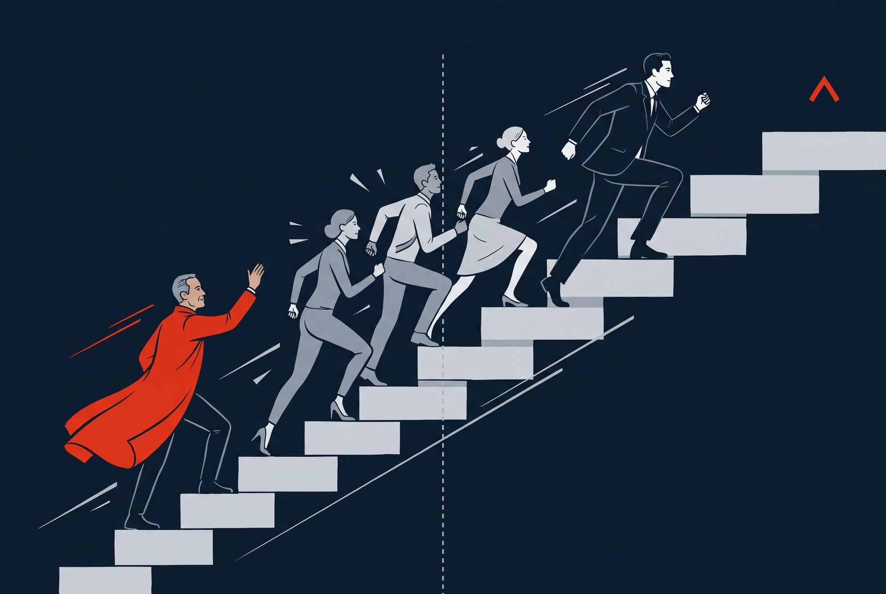 Une équipe gravit un escalier de dalles jusqu'au résultat